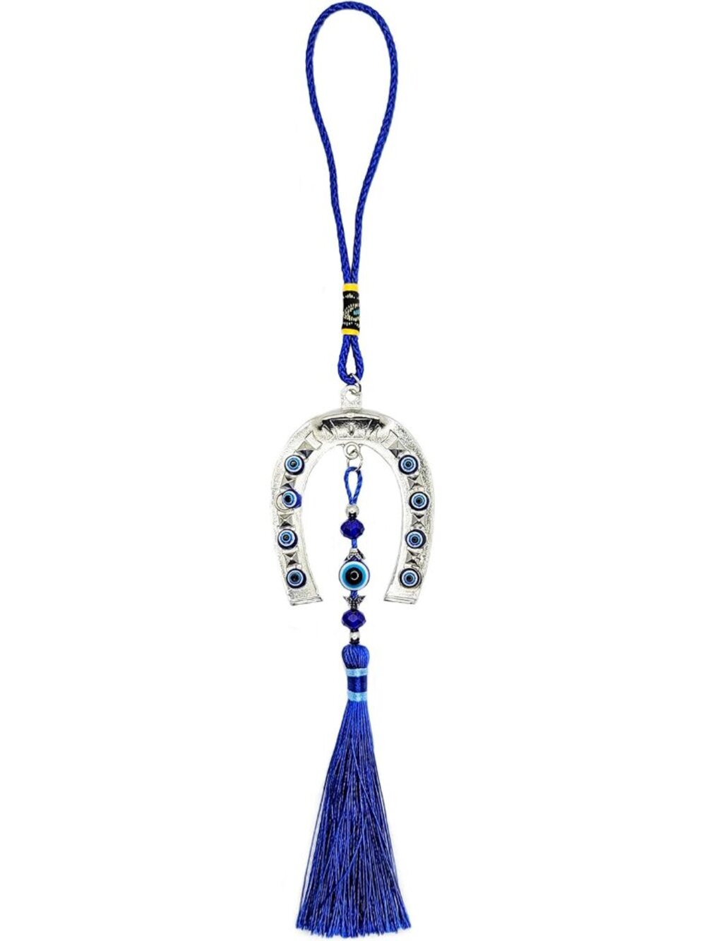 Evil Eye Horseshoe Pendant w/Blue Tassels, Good Luck Charm